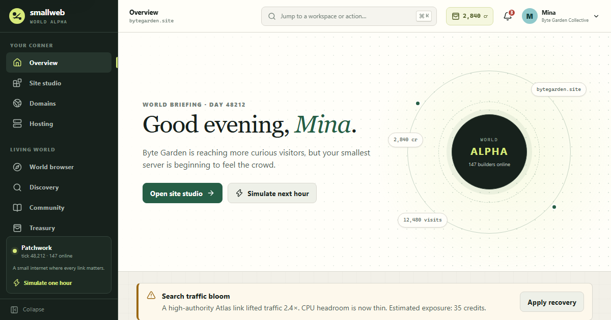 Smallweb dashboard for a fictional Byte Garden site, with world status, traffic, and hosting controls.