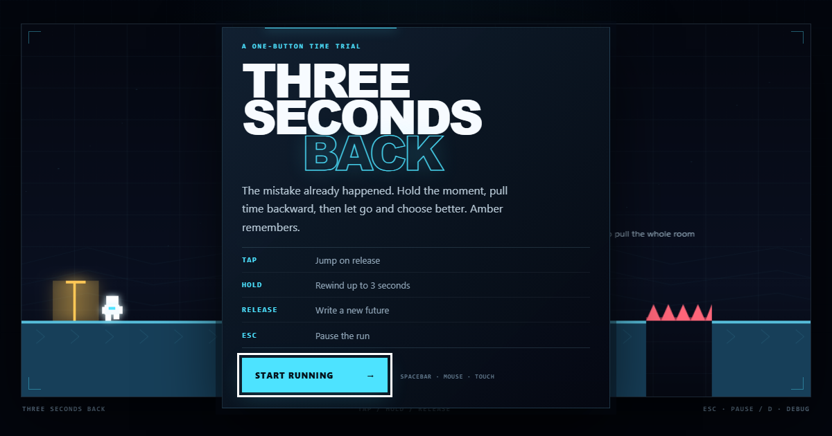 Three Seconds Back opening screen over a dark cyan platform scene, with instructions for rewinding up to three seconds.
