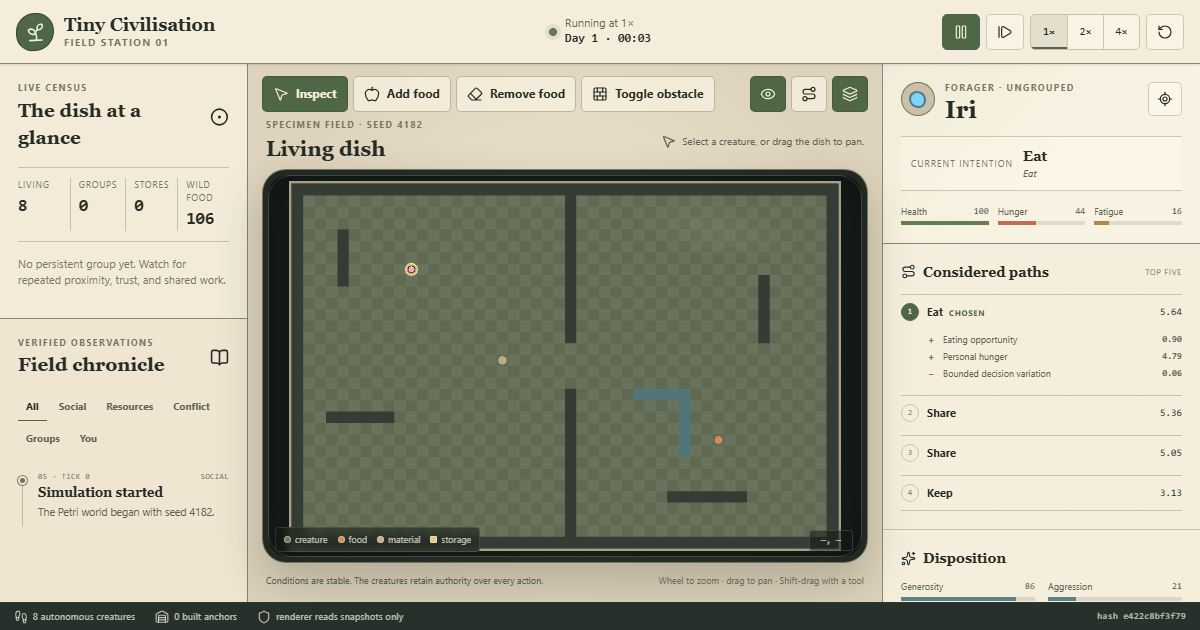 Tiny Civilisation field station showing an evolving grid world, creature status, census, and decision paths.